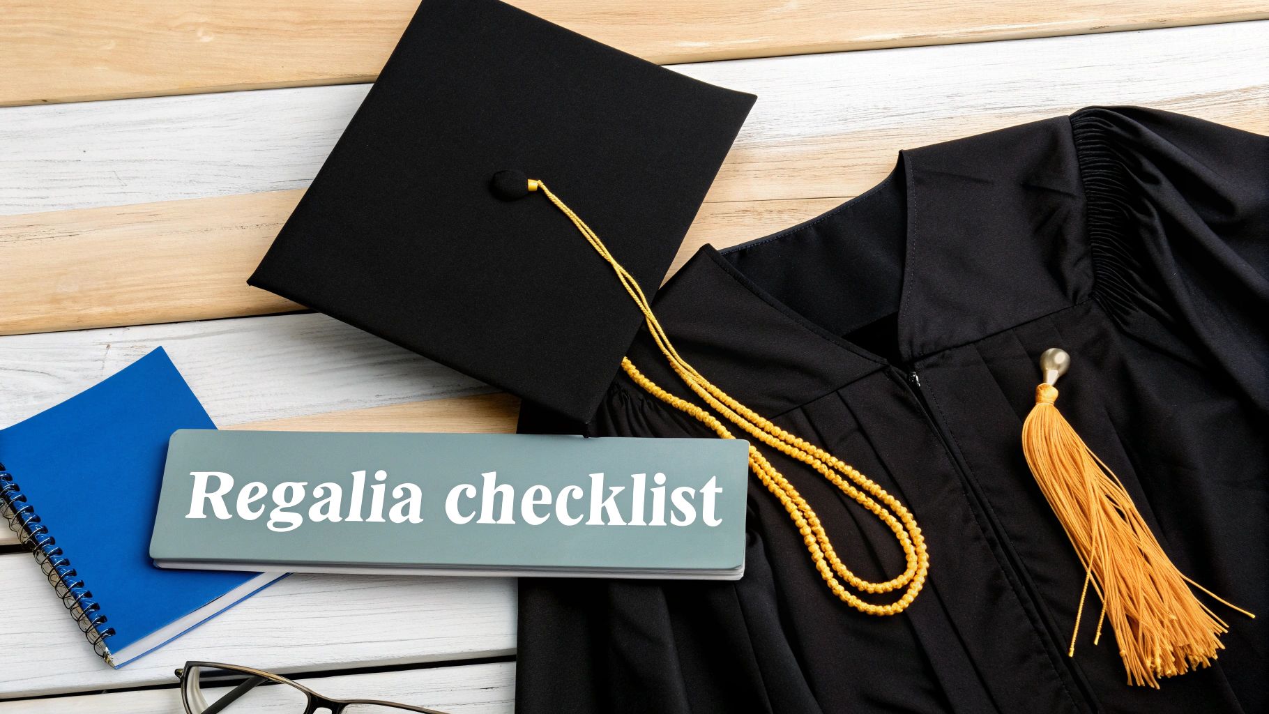 A flat lay of graduation regalia including a black cap, gown, gold tassel, and a 'Regalia checklist' booklet.