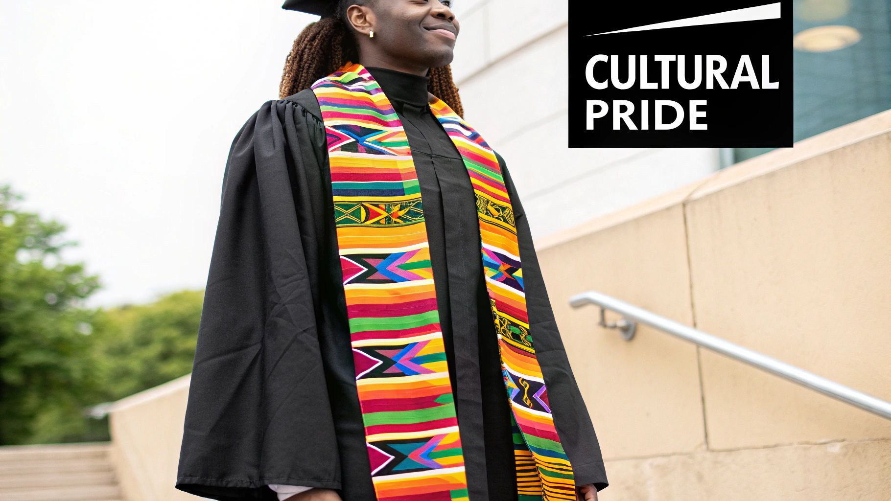 A group of graduates proudly wearing their colorful Kente stoles.