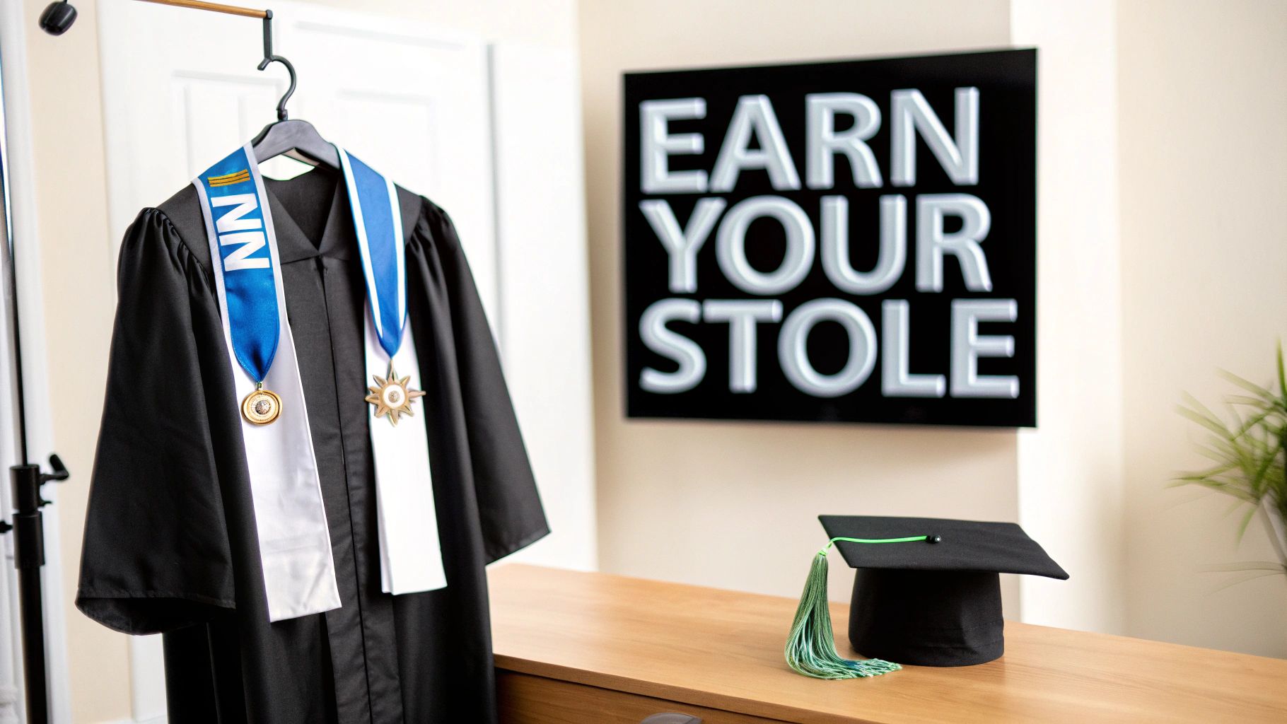 Black graduation gown with National Honor Society stole and medals beside motivational sign