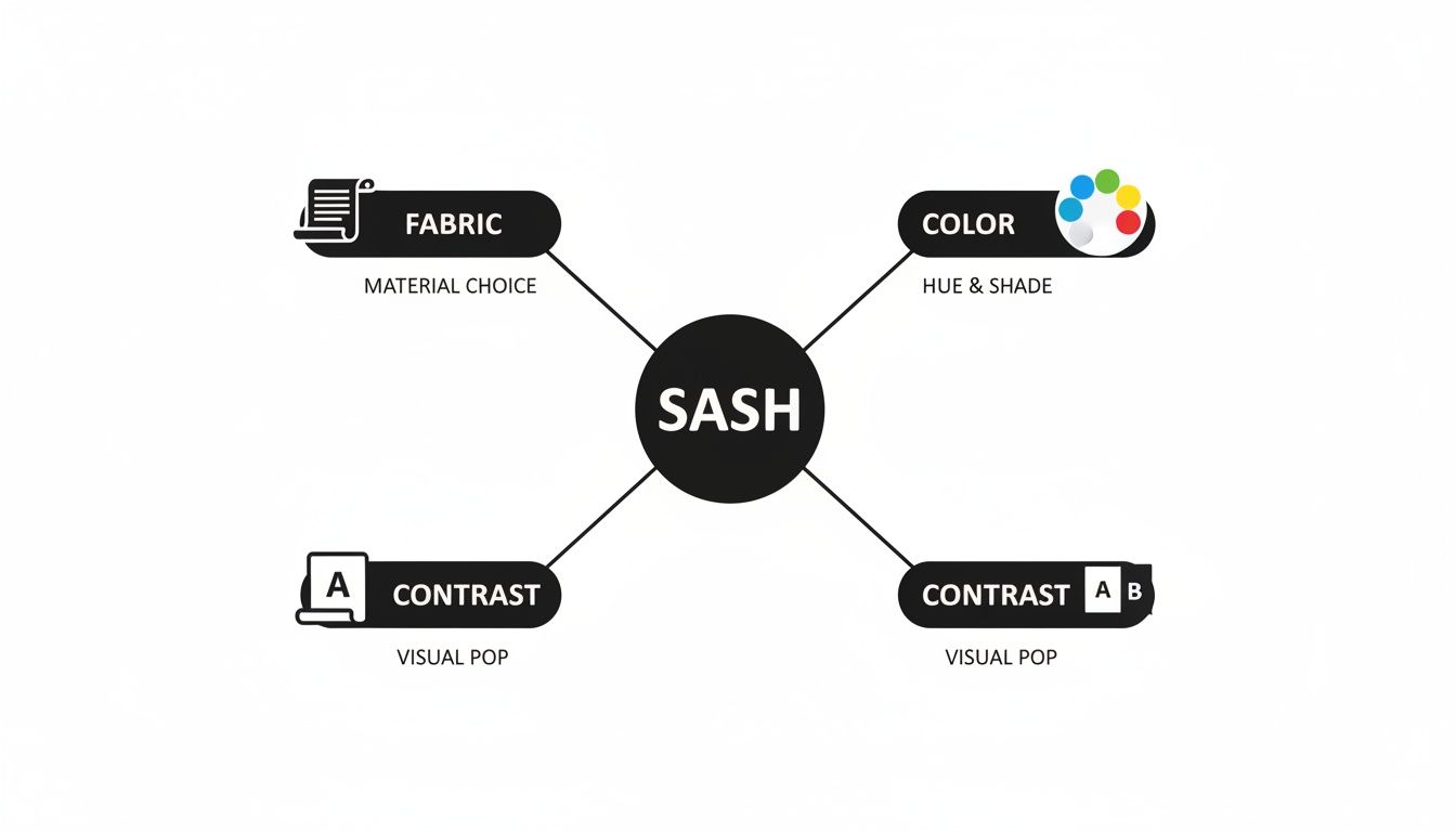 A mind map displays factors for a sash: fabric (material choice), color (hue and shade), and contrast (visual pop).