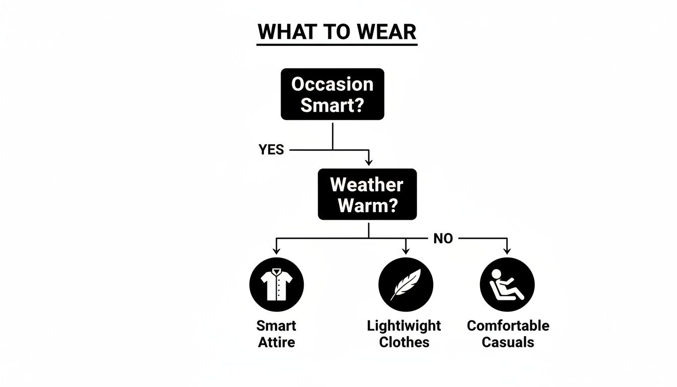 A flowchart titled 'What to Wear' suggesting outfit choices based on occasion and weather.
