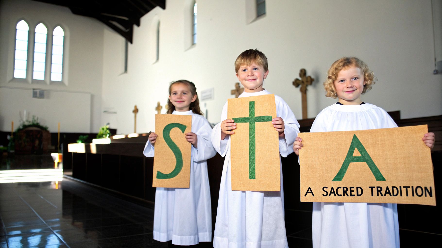 Three smiling children in white robes hold 'S', cross, and 'A Sacred Tradition' signs in a bright church.