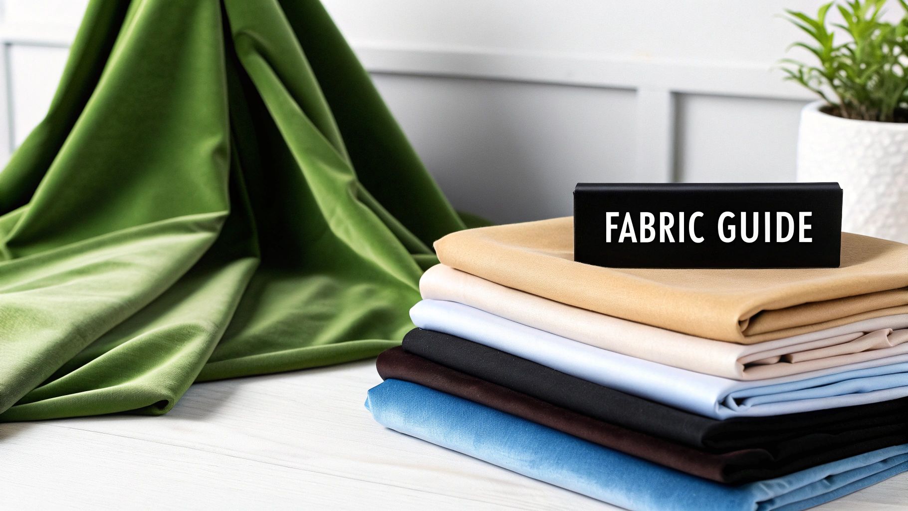 A stack of colorful fabrics with a 'FABRIC GUIDE' sign, next to draped green velvet.