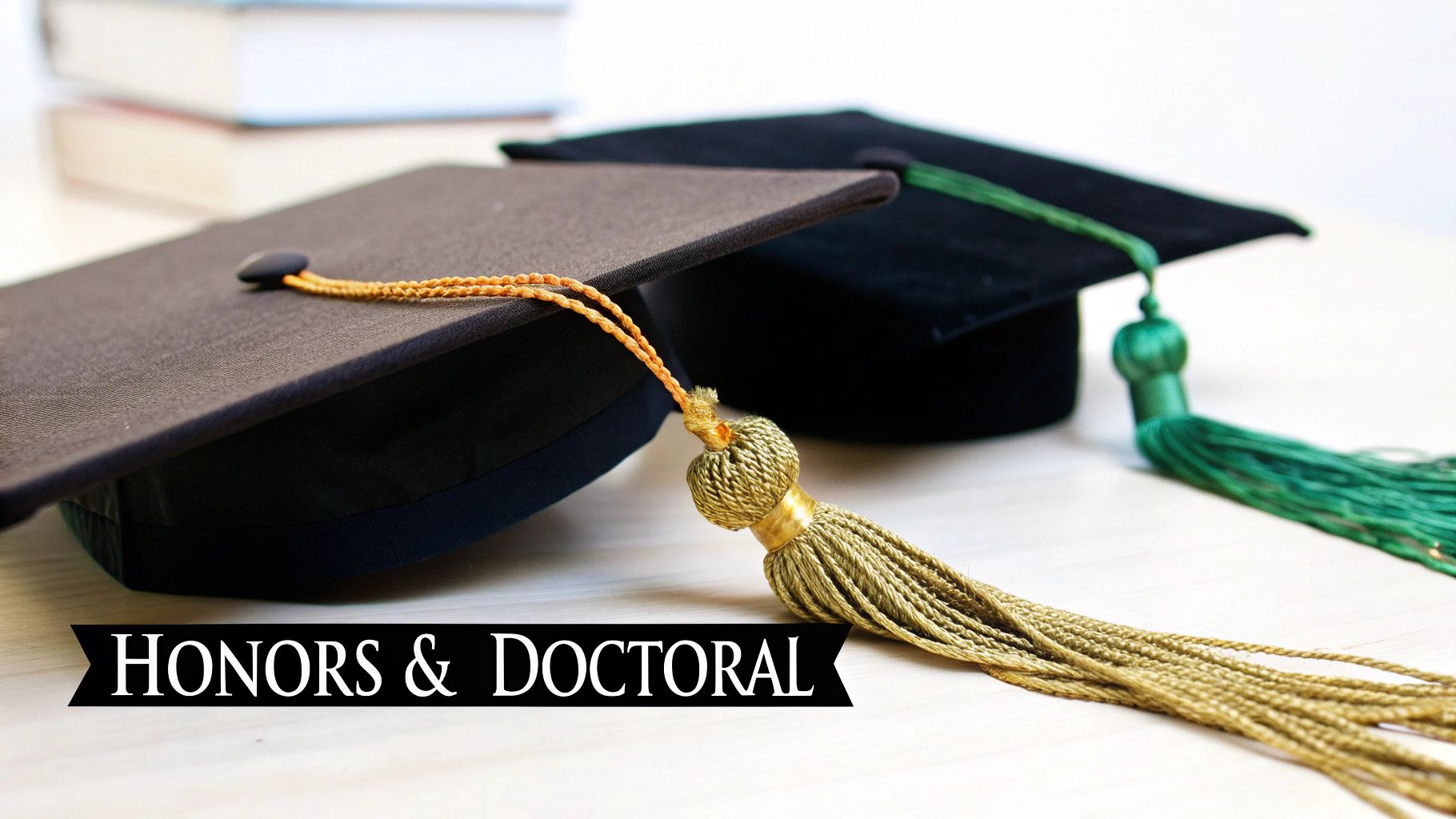 Two graduation caps with colorful tassels, one gold and one green, with books in the background. A banner reads "HONORS & DOCTORAL".