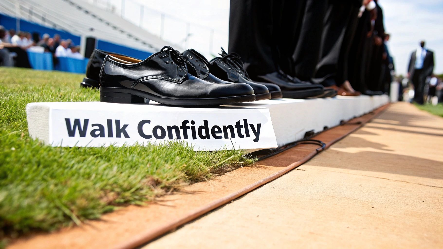 Shiny black dress shoes lined up on a white sign saying 'Walk Confidently' at a graduation ceremony.