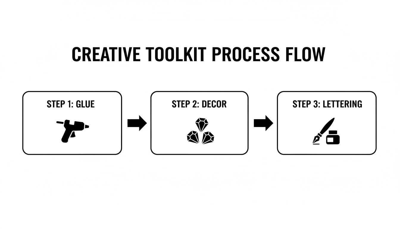 A three-step creative toolkit process flow showing icons for glue, decor, and lettering.