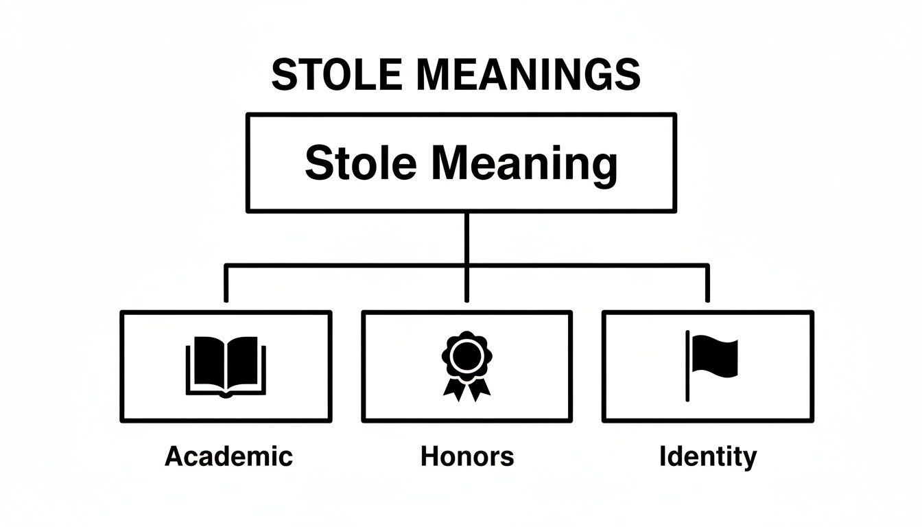 A diagram illustrating the different meanings of graduation stoles: Academic, Honors, and Identity.