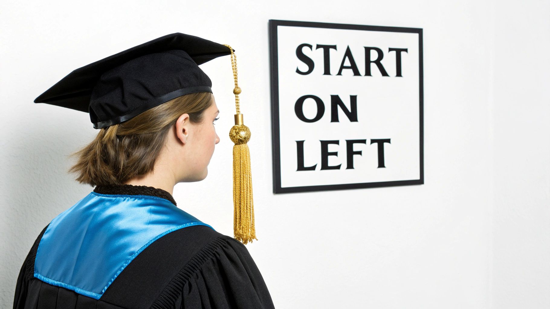 A graduate in a cap and gown looks at a white sign saying "START ON LEFT".
