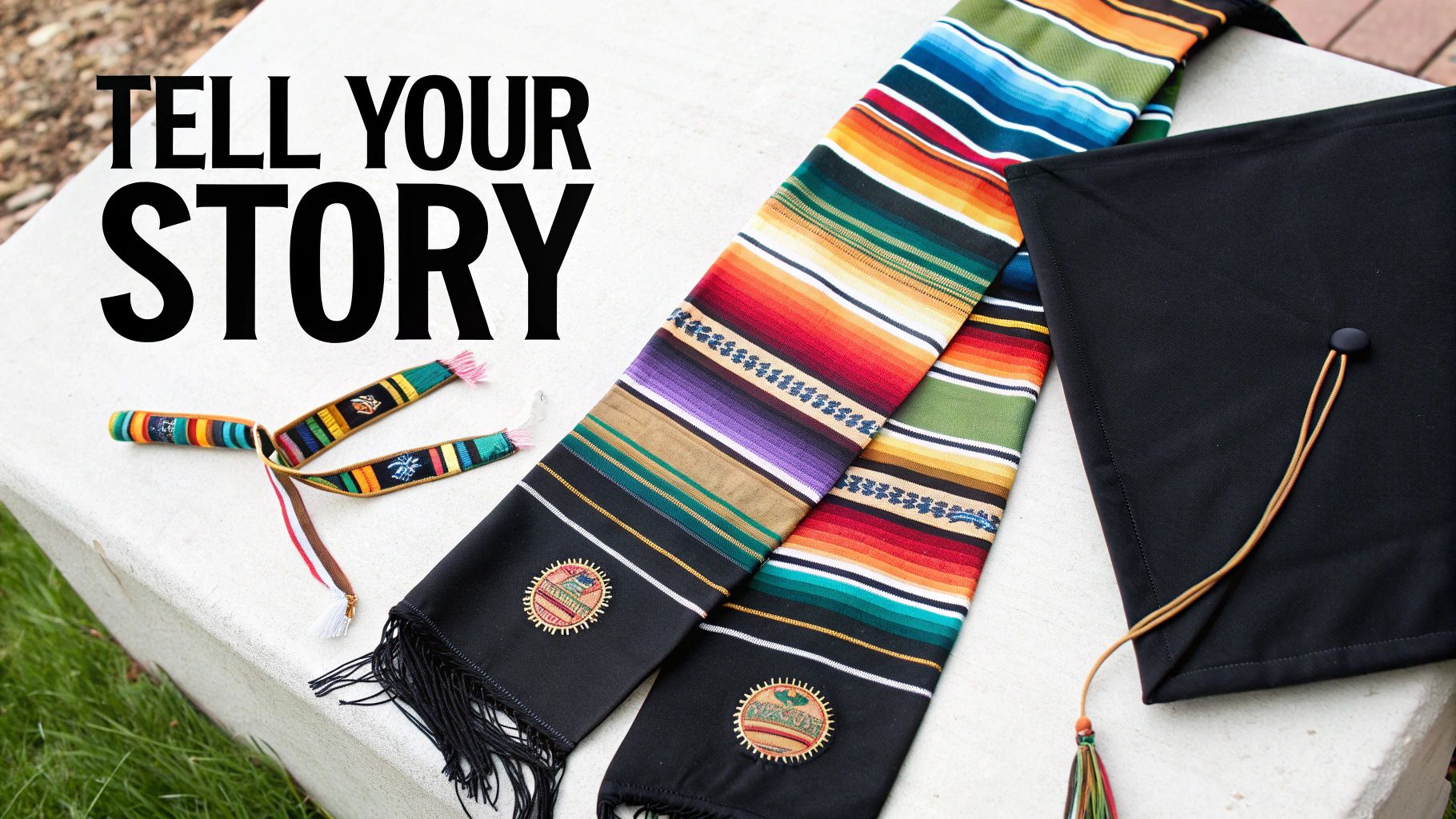 A colorful serape graduation stole and cap next to 'TELL YOUR STORY' text, representing cultural pride.