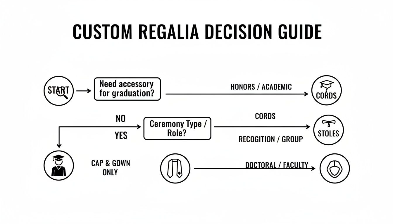 A flowchart titled 'Custom Regalia Decision Guide' outlining decisions for graduation accessories.