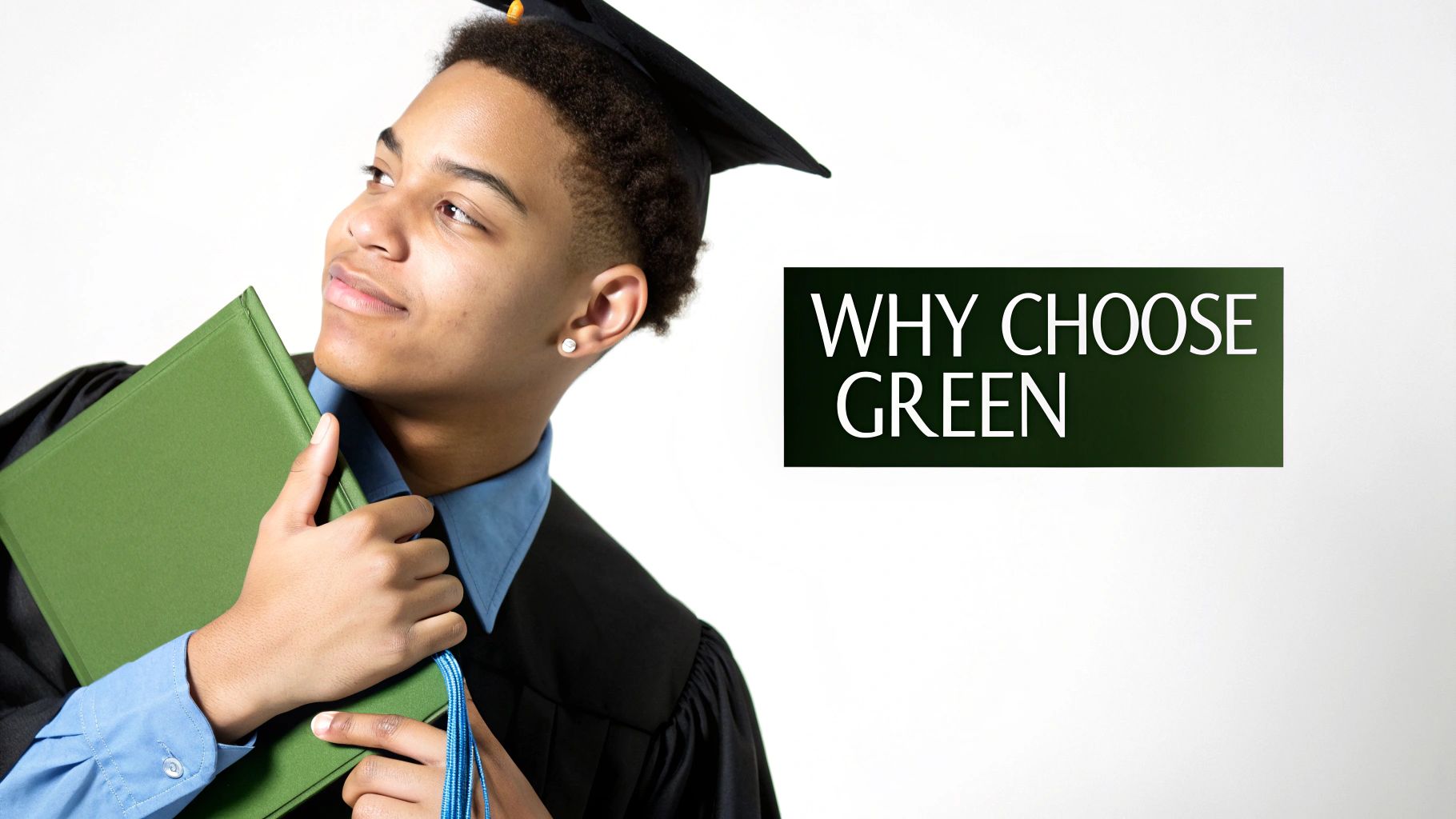 A graduate smiling while wearing a green graduation cap and gown.
