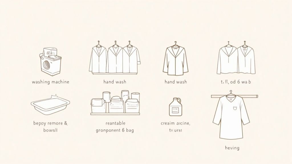 Line art illustration of laundry care symbols and instructions, including a washing machine and hand-wash items.