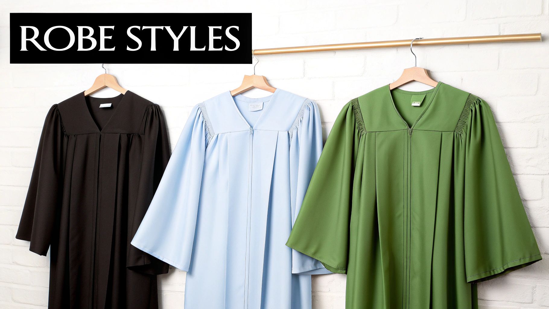 Three choir robes in black, light blue, and green, hanging on a rail, showcasing different styles.