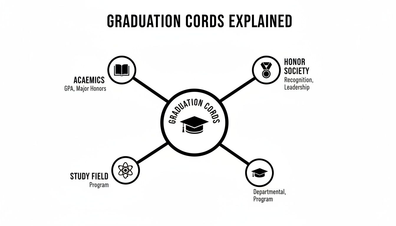 A diagram explaining graduation cords, categorizing them by academics, honor society, study field, and departmental programs.