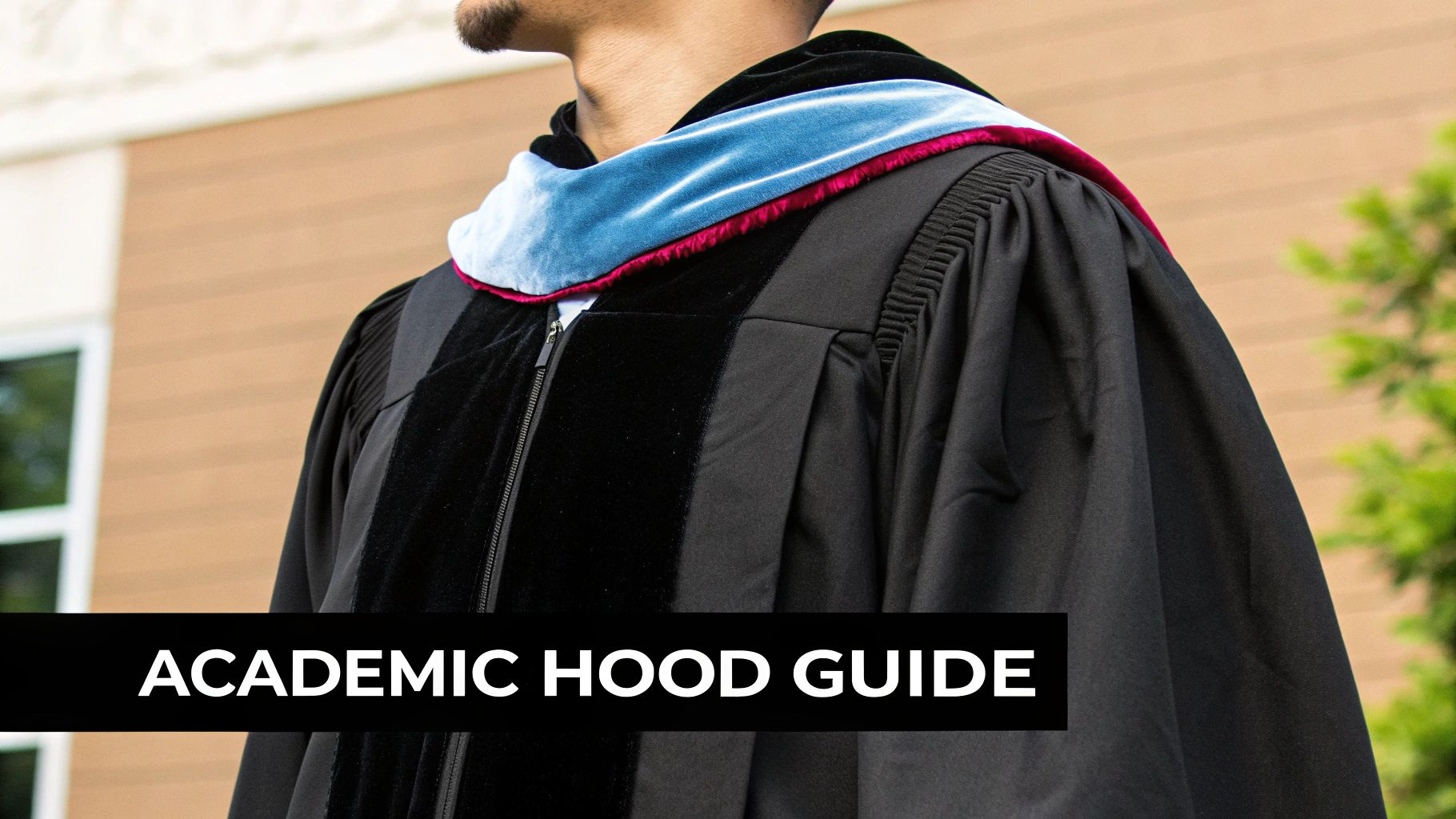 Close-up of a person wearing a black academic gown and a blue and maroon velvet academic hood.