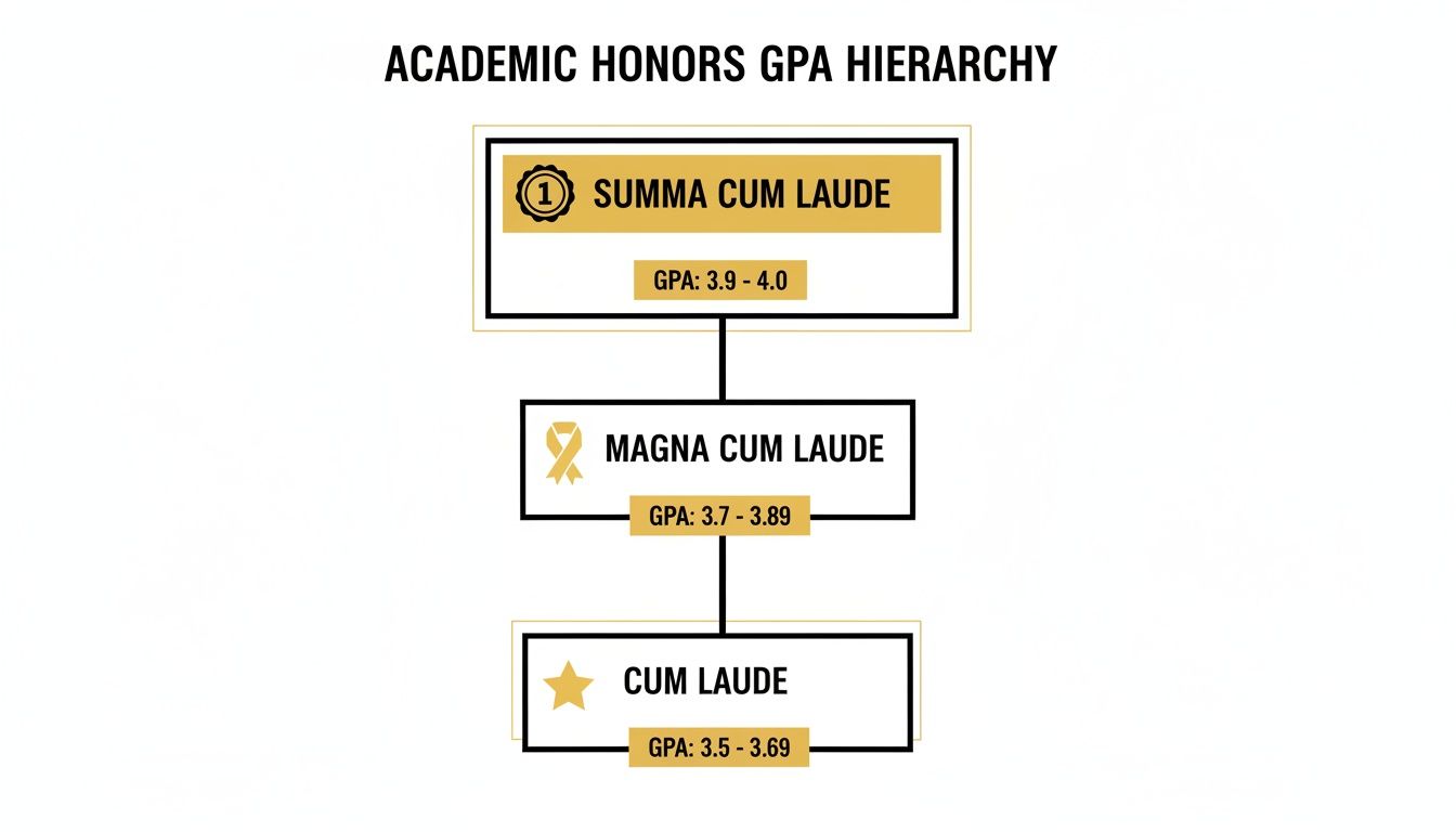 Academic honors GPA hierarchy showing Summa Cum Laude, Magna Cum Laude, and Cum Laude with their respective GPA ranges.
