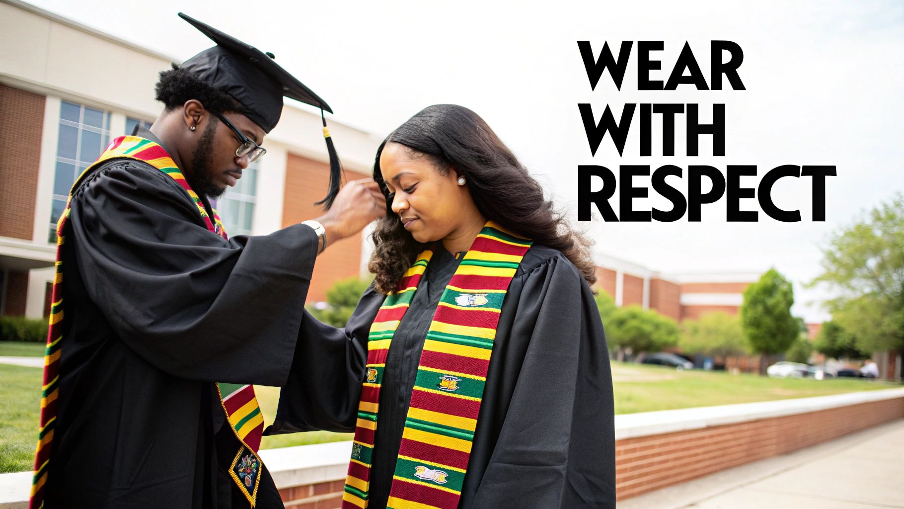Two graduates proudly wear colorful Kente stoles over black gowns on a university campus.