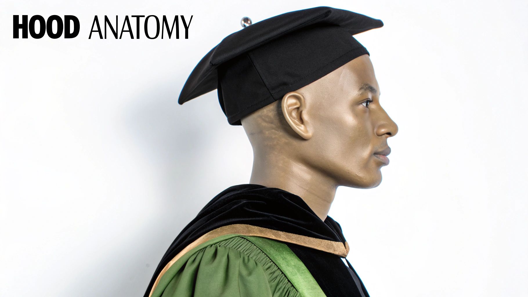 Side profile of a mannequin wearing a black graduation cap and academic gown with a green and gold doctoral hood.