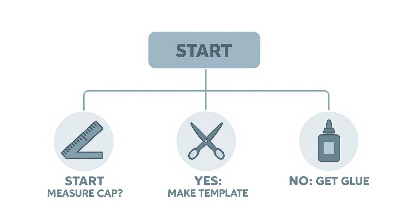 Flowchart for decorating a graduation cap, starting with measuring, then making a template or getting glue.