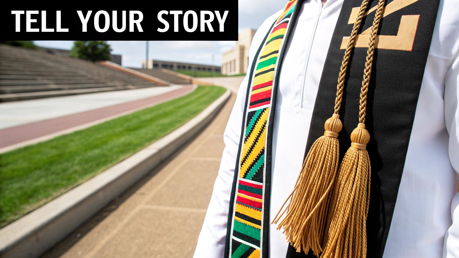 A person in graduation stoles and a white shirt on a campus path, with 'TELL YOUR STORY' text.
