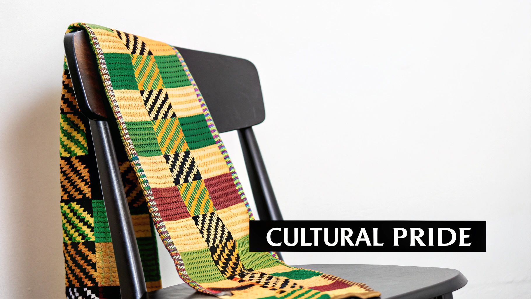 A vibrant, patterned Kente-style fabric draped over a black modern chair, symbolizing cultural pride.