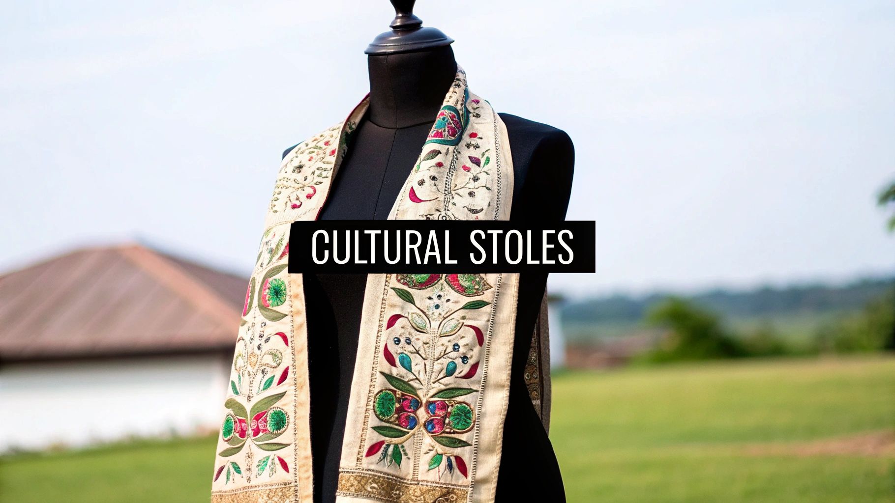 Black mannequin displaying a cream cultural stole with intricate colorful floral and bird embroidery.