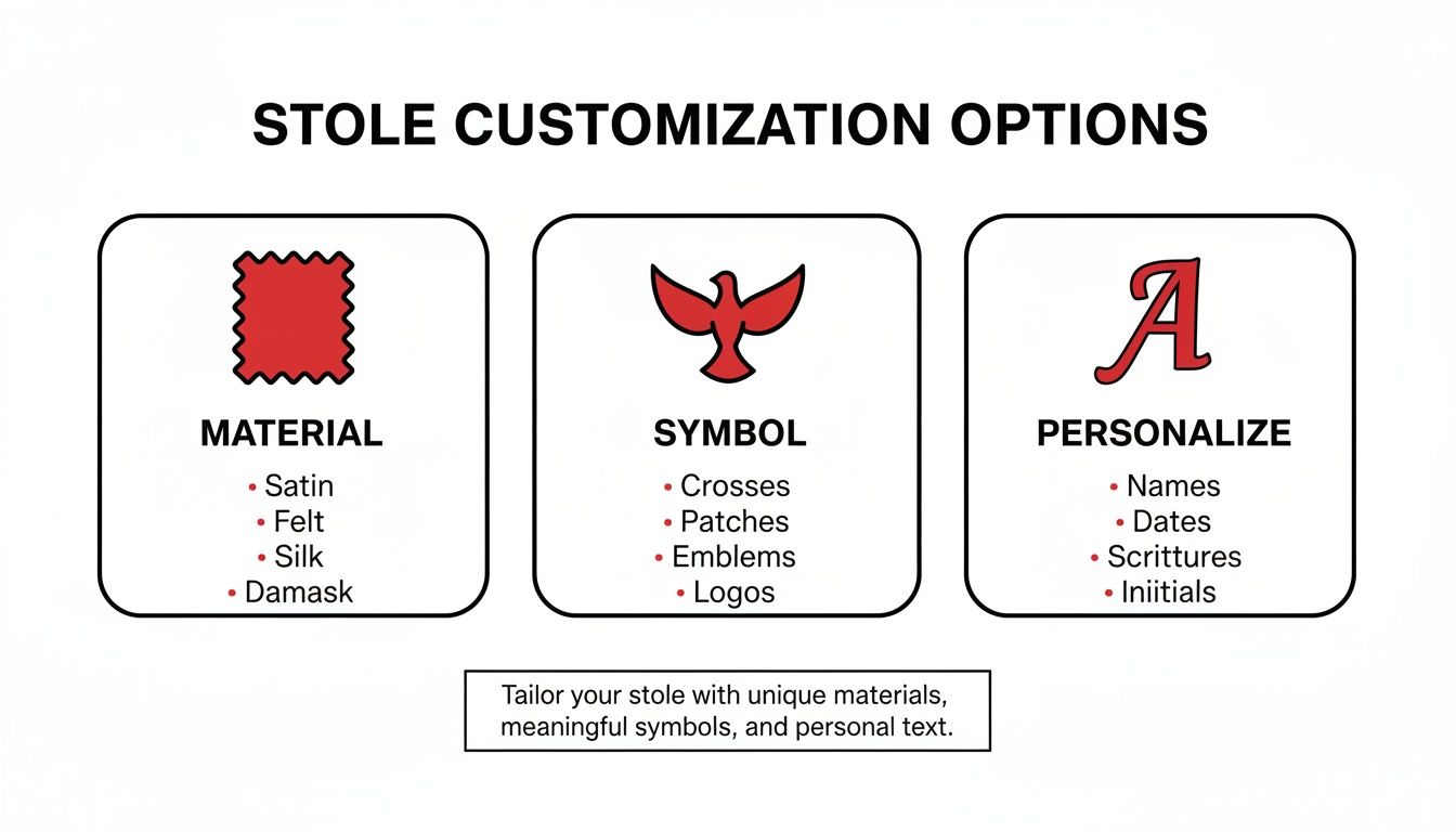 Image illustrating stole customization options including materials, symbols, and personalization details for unique stoles.