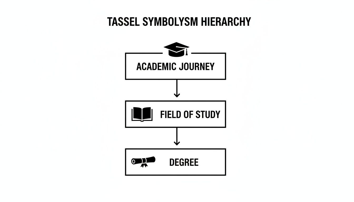 A flowchart titled 'Tassel Symbolism Hierarchy' showing Academic Journey, Field of Study, and Degree.
