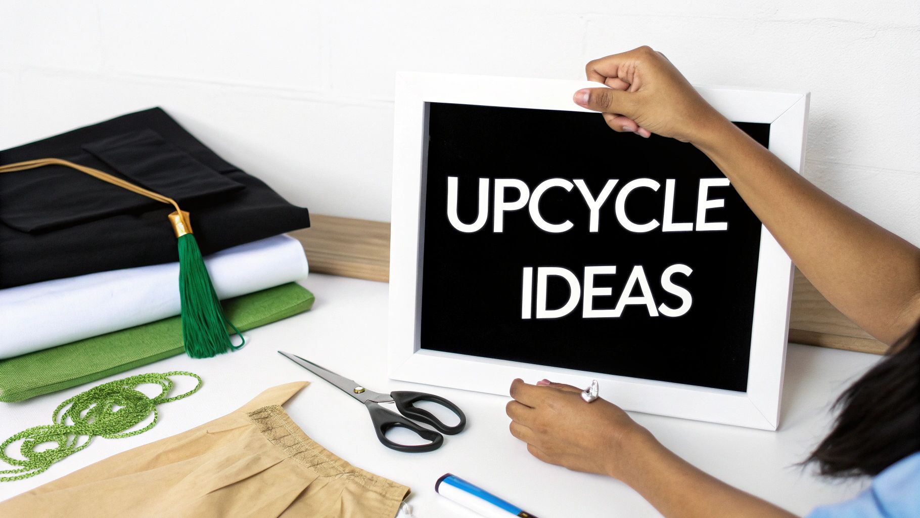 A person holds a framed sign displaying 'UPCYCLE IDEAS' next to graduation apparel and craft supplies.