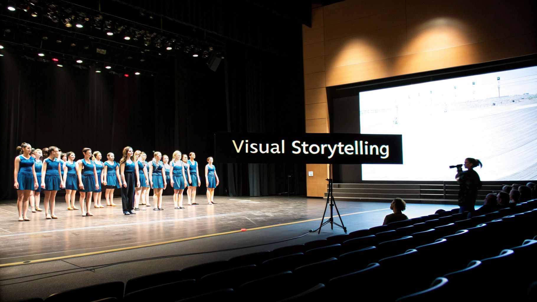 A show choir in blue dresses stands on a stage, with 'Visual Storytelling' on a large screen.