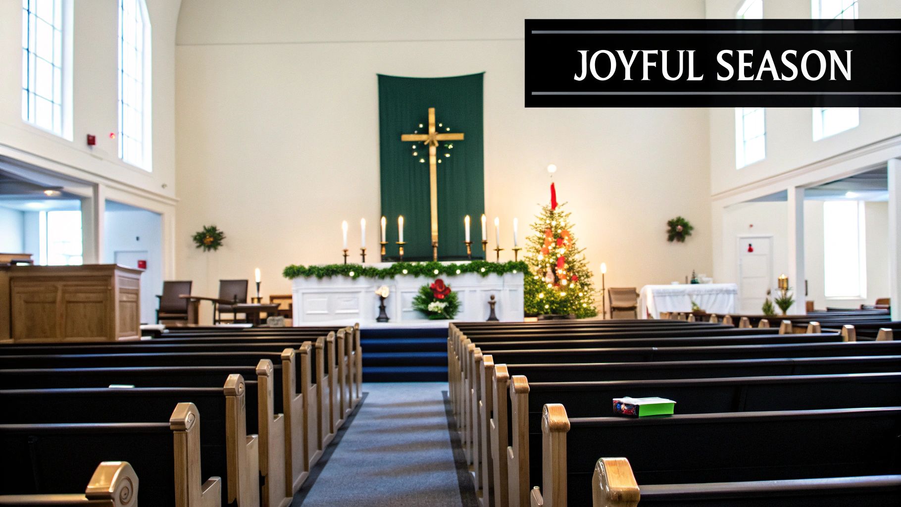 A church interior beautifully decorated for Christmas with an altar, cross, Christmas tree, and pews.