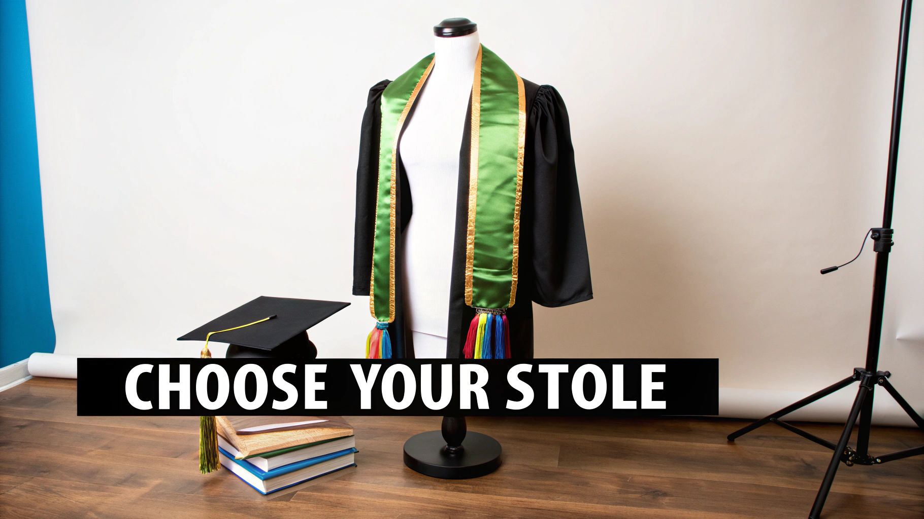 A graduation gown, cap, and a green and gold stole on a mannequin, with books on the floor, ready for graduation.