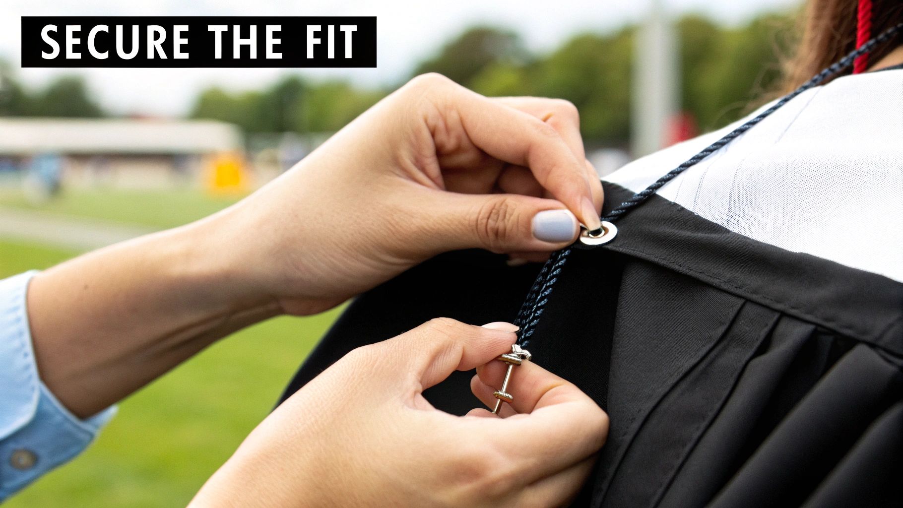 Close-up of hands securing a black academic gown with a pin and a cord.
