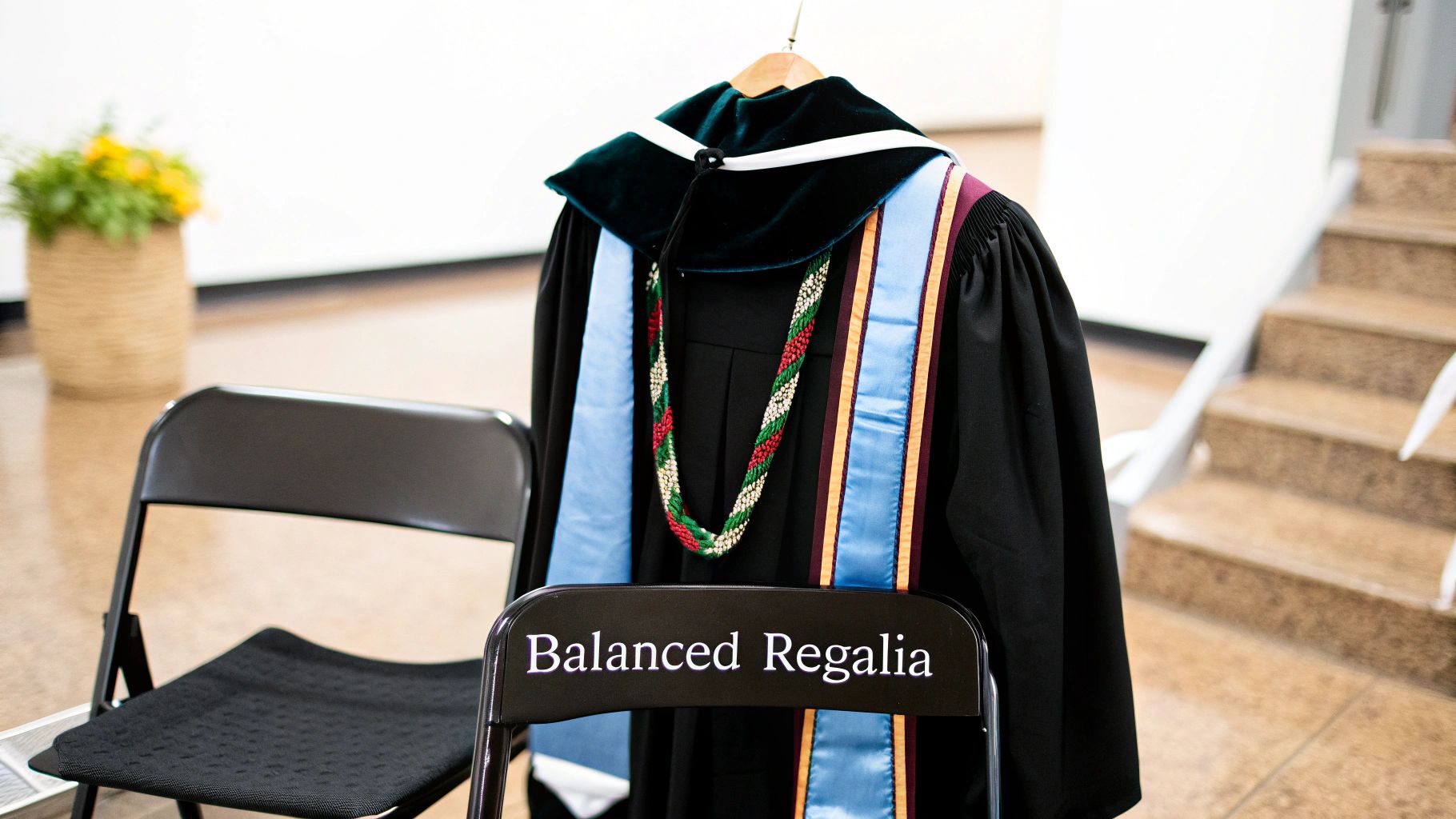 Academic regalia, including a black gown, green velvet hood, and colorful stoles, hangs on a chair.
