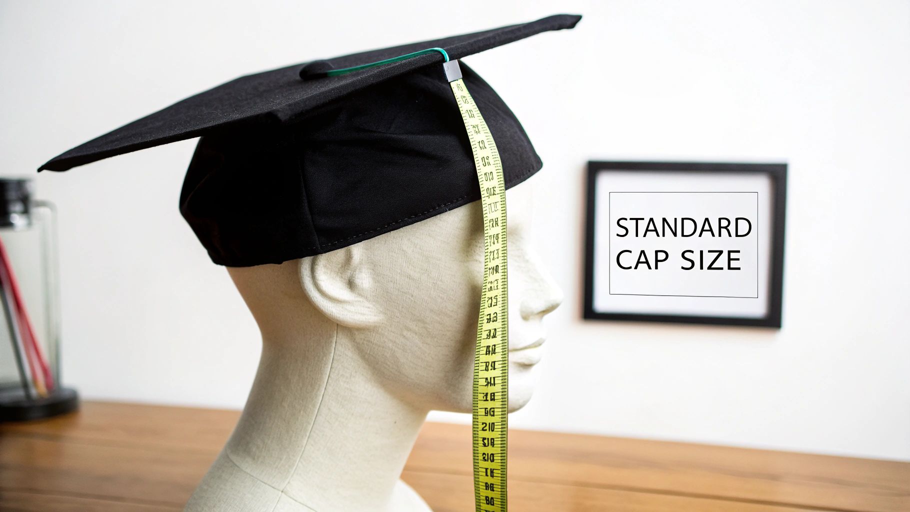 A mannequin head with a black graduation cap and measuring tape, next to a 'STANDARD CAP SIZE' sign.