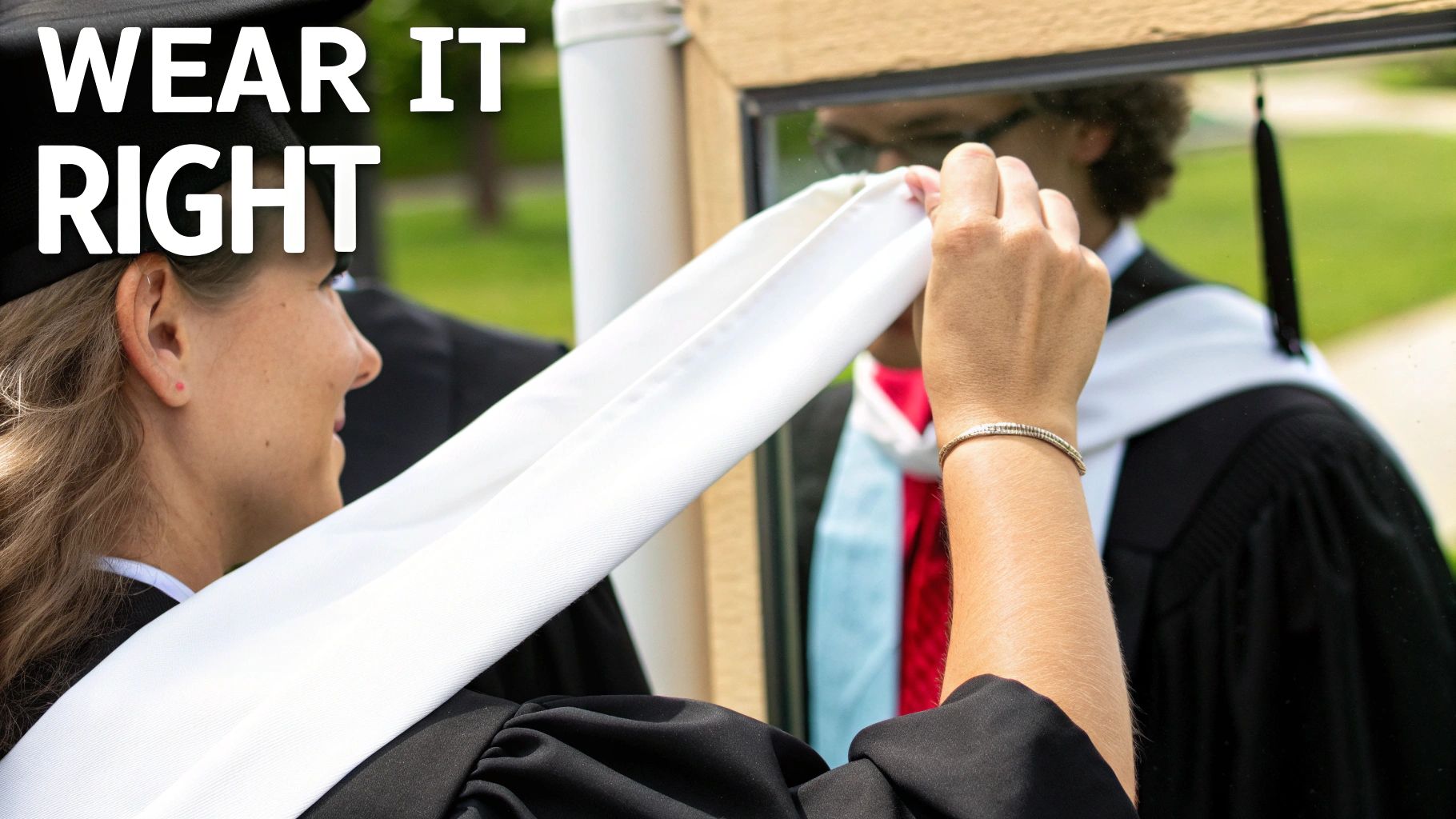 A graduate helps another person adjust a white academic stole while looking into a mirror.