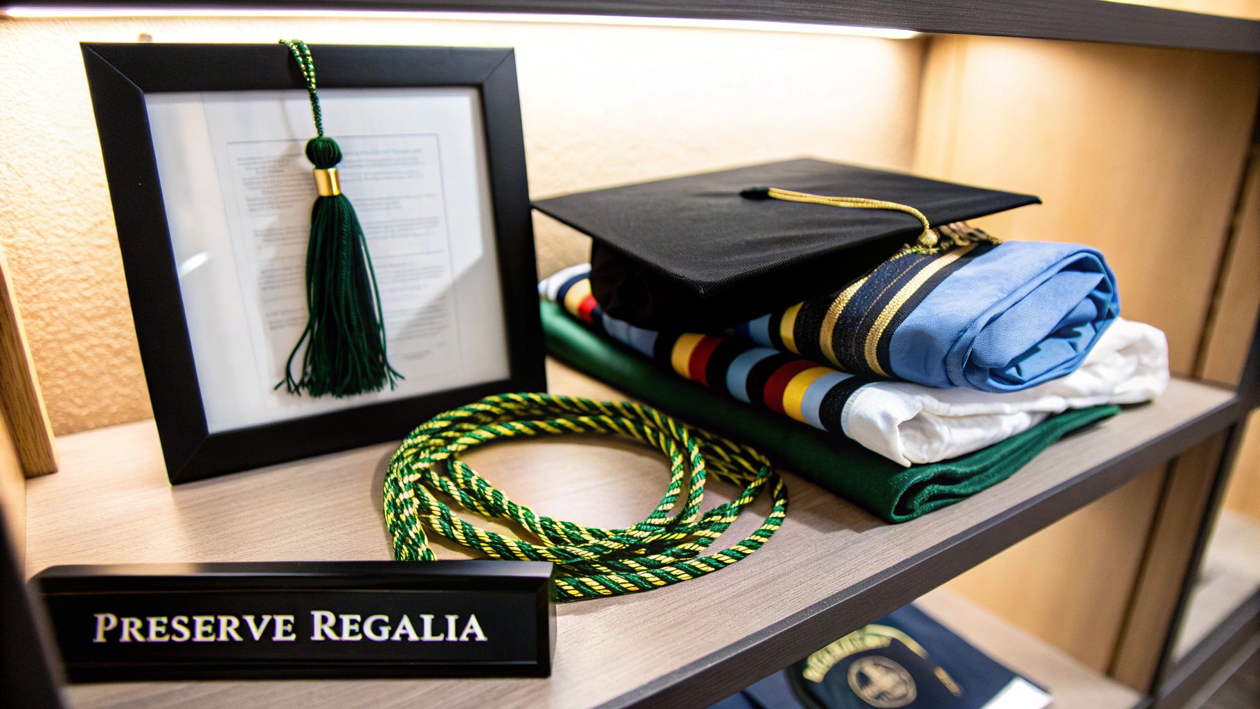 Academic regalia: framed diploma, green tassel, graduation cap, honor cords, and folded robes.
