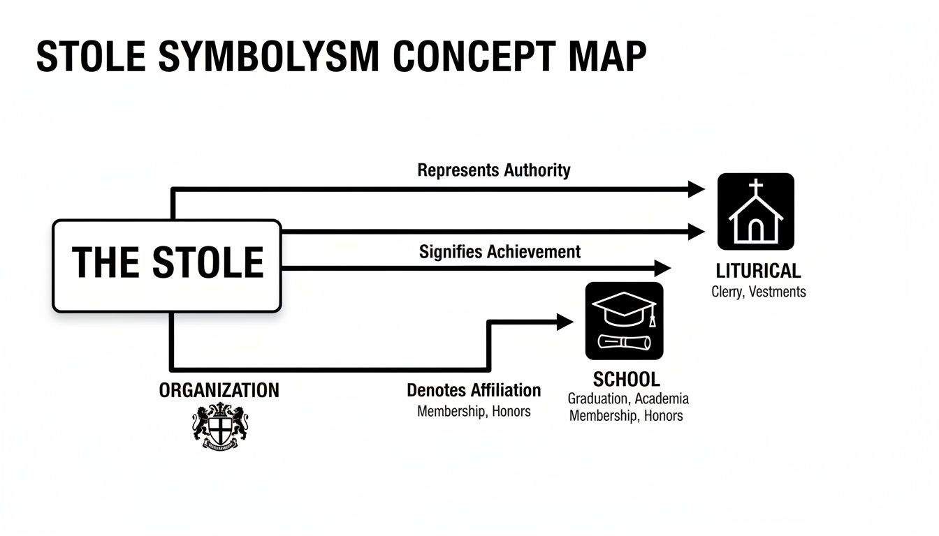 Concept map illustrating the various symbolisms of a stole in liturgical, organizational, and academic contexts.
