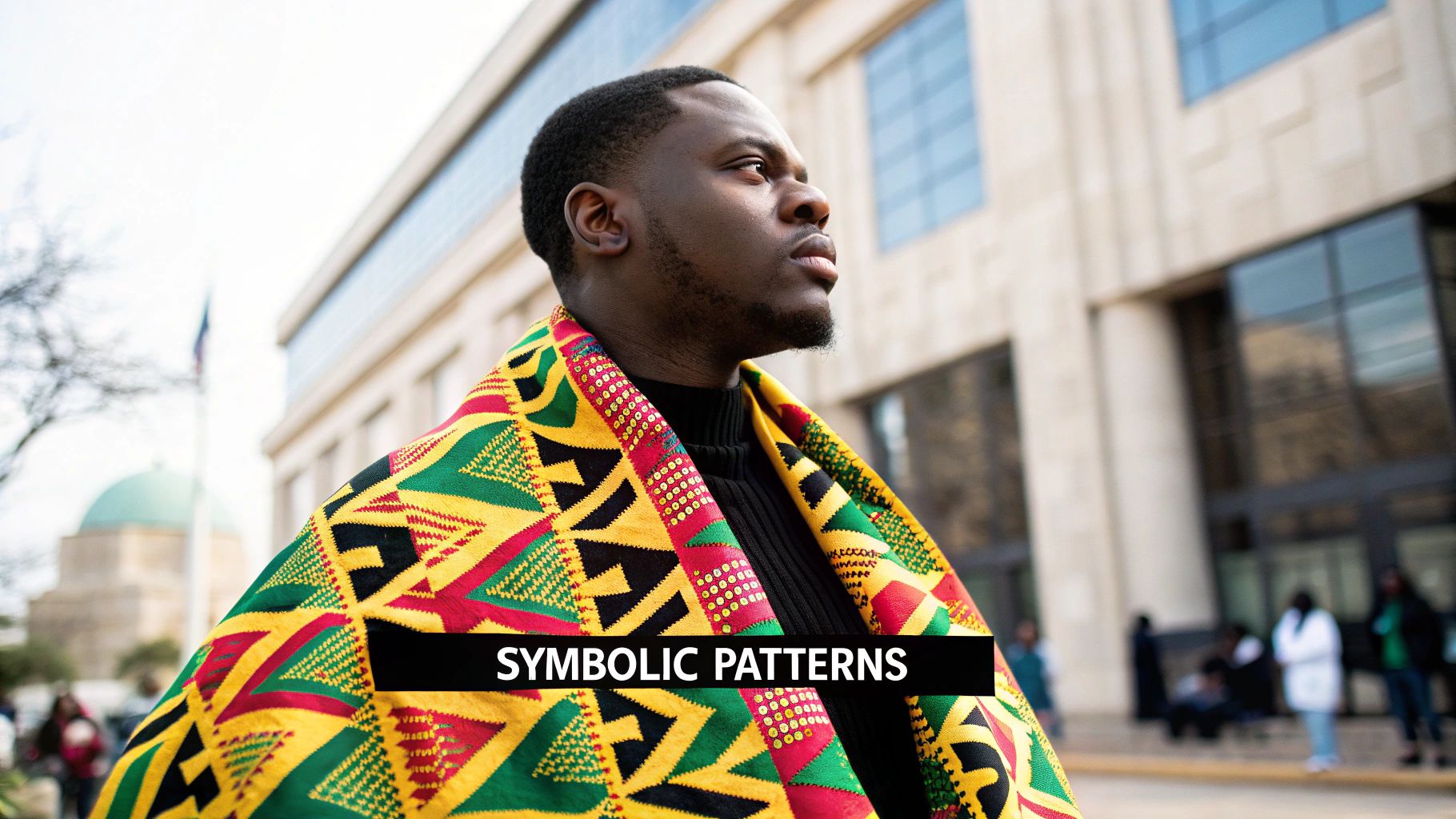 A close-up of the intricate patterns and vibrant colors of a Kente stole.