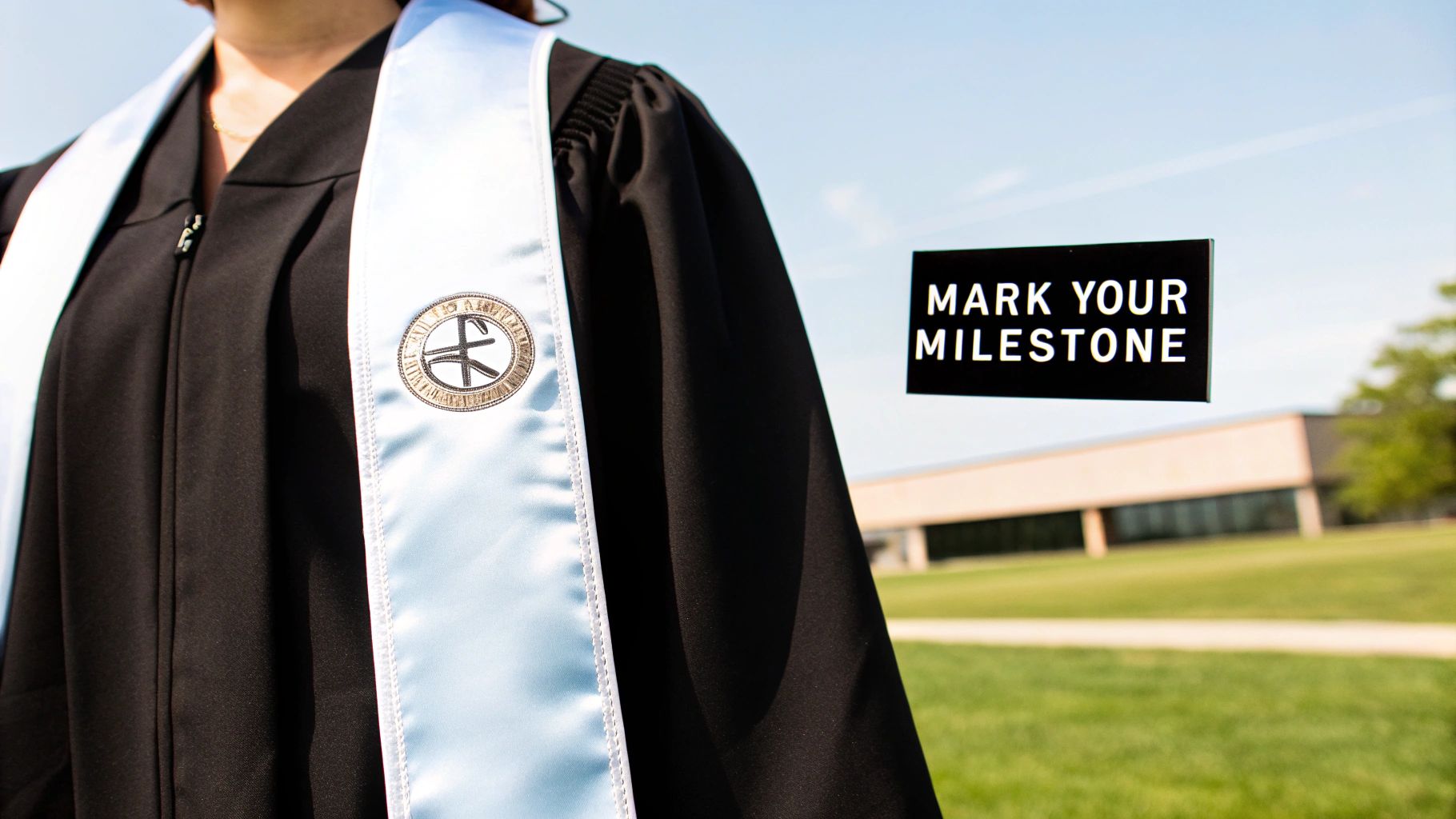 A graduate wearing a black gown and a light blue stole with an emblem, under a clear sky.