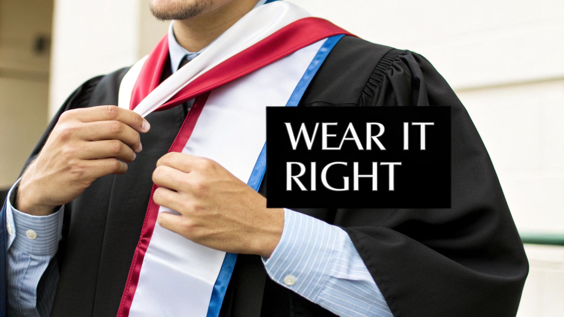 Close-up of a graduate adjusting a flag-colored stole over a black academic gown.