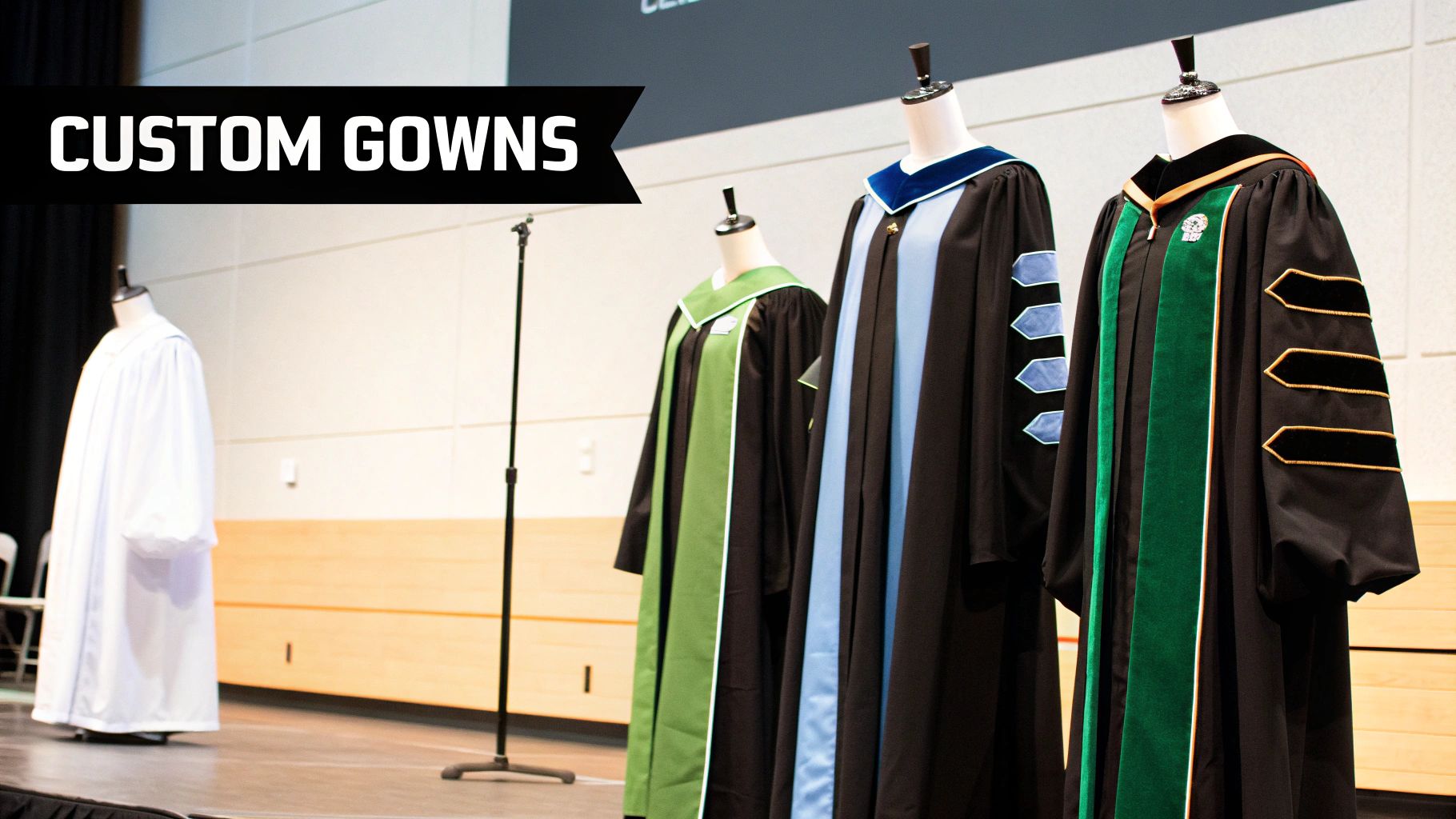 A collection of doctoral graduation gowns in various colors and styles displayed on mannequins.