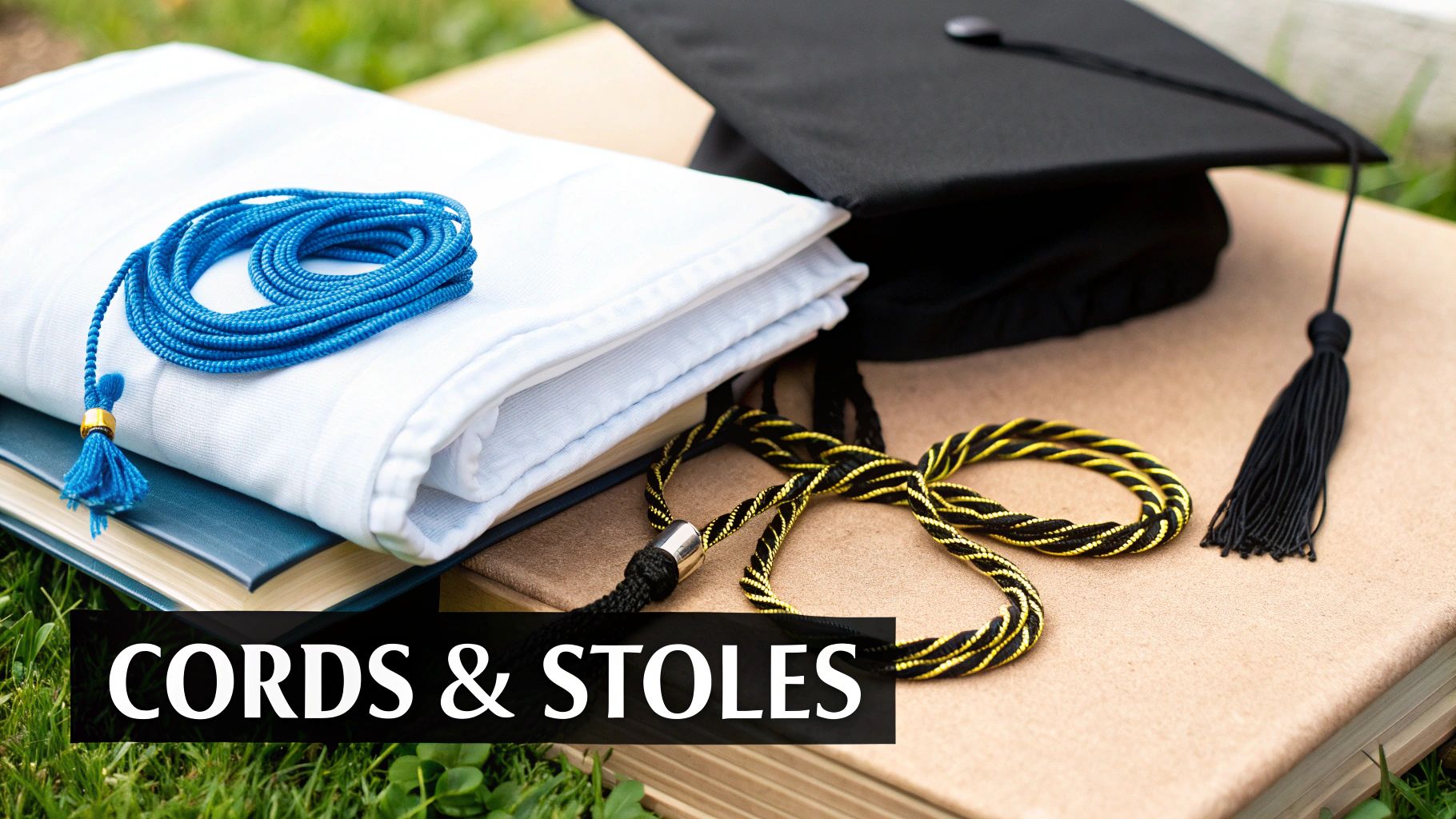 Close-up of graduation cap, blue cord, and black/gold cord on books and a white stole.