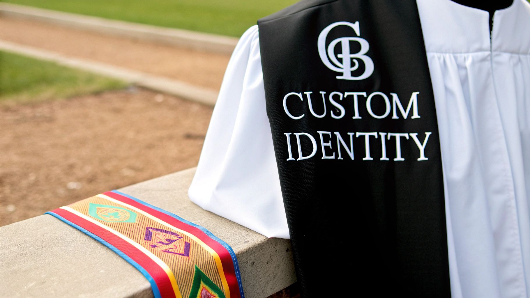 A black academic stole with "CB CUSTOM IDENTITY" embroidered in white, alongside a colorful patterned sash on a stone ledge.