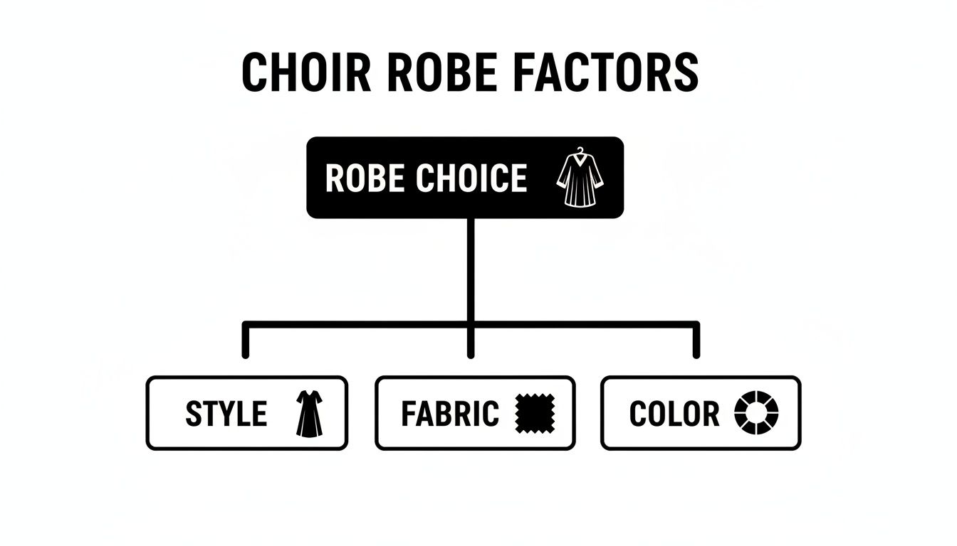 A flowchart detailing choir robe factors, showing robe choice broken down into style, fabric, and color.