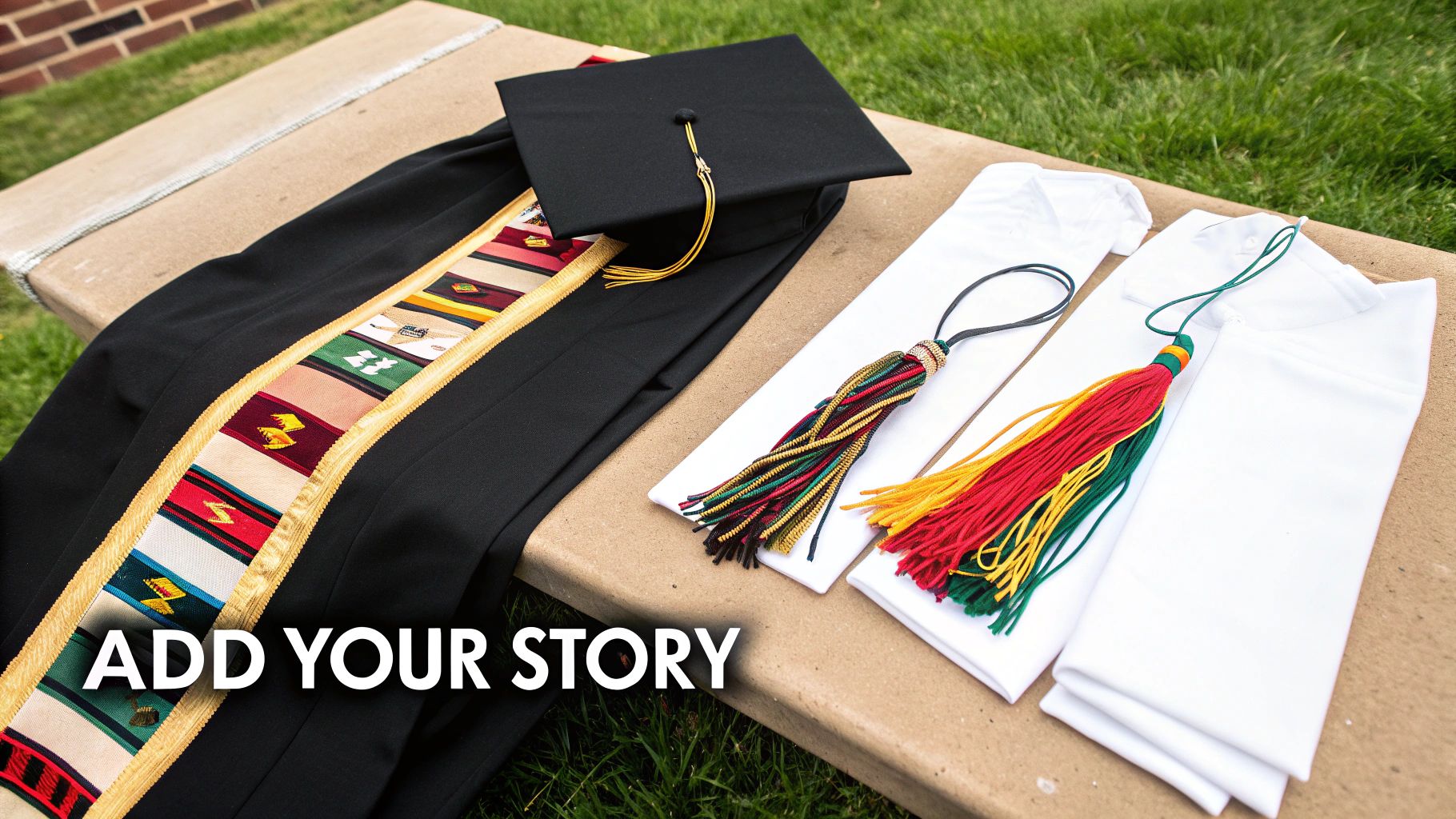 Graduation cap, gown, colorful stoles, and tassels laid out on a bench outdoors.