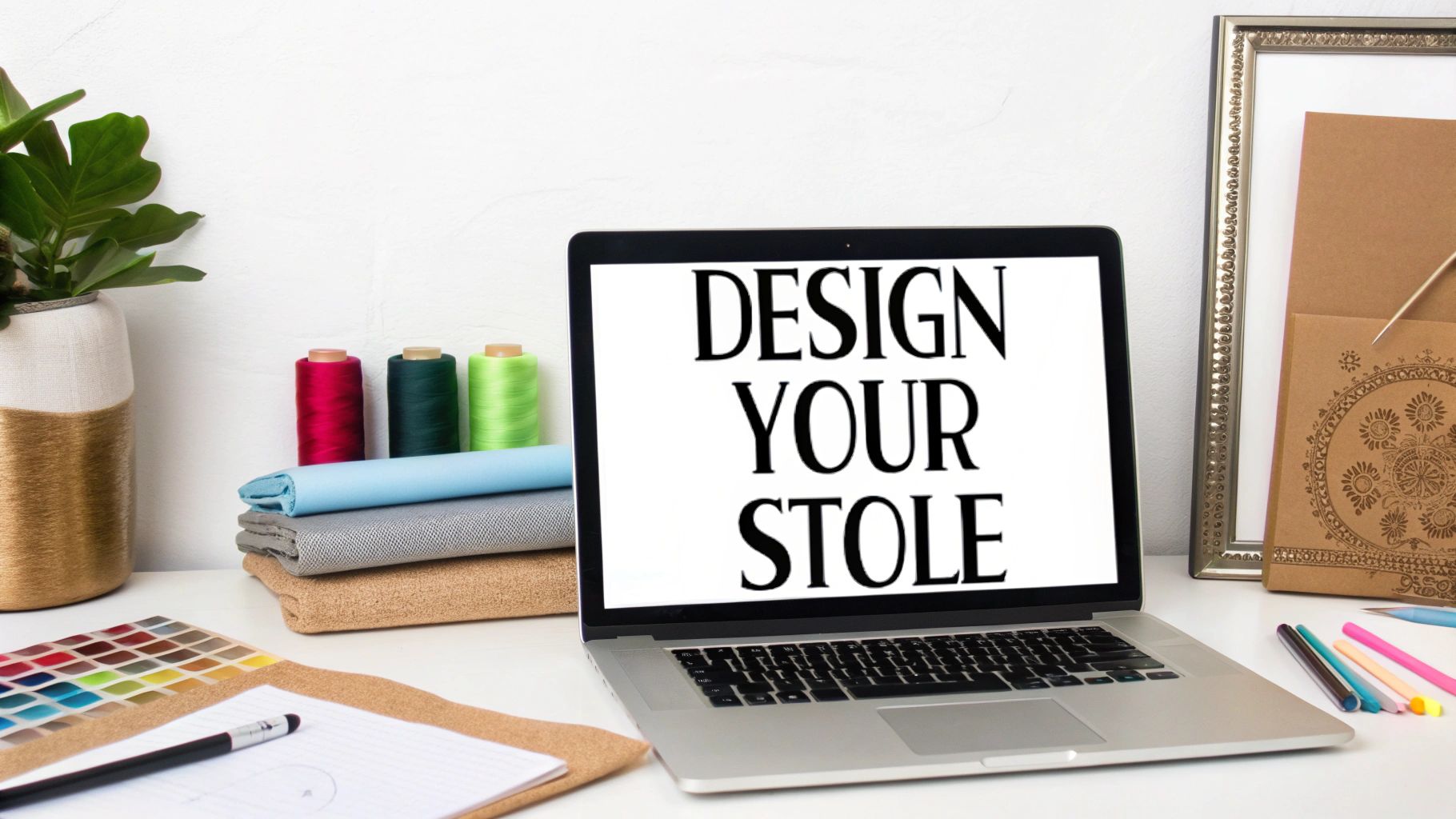 A creative workspace with a laptop displaying 'DESIGN YOUR STOLE', fabric, threads, and design tools.