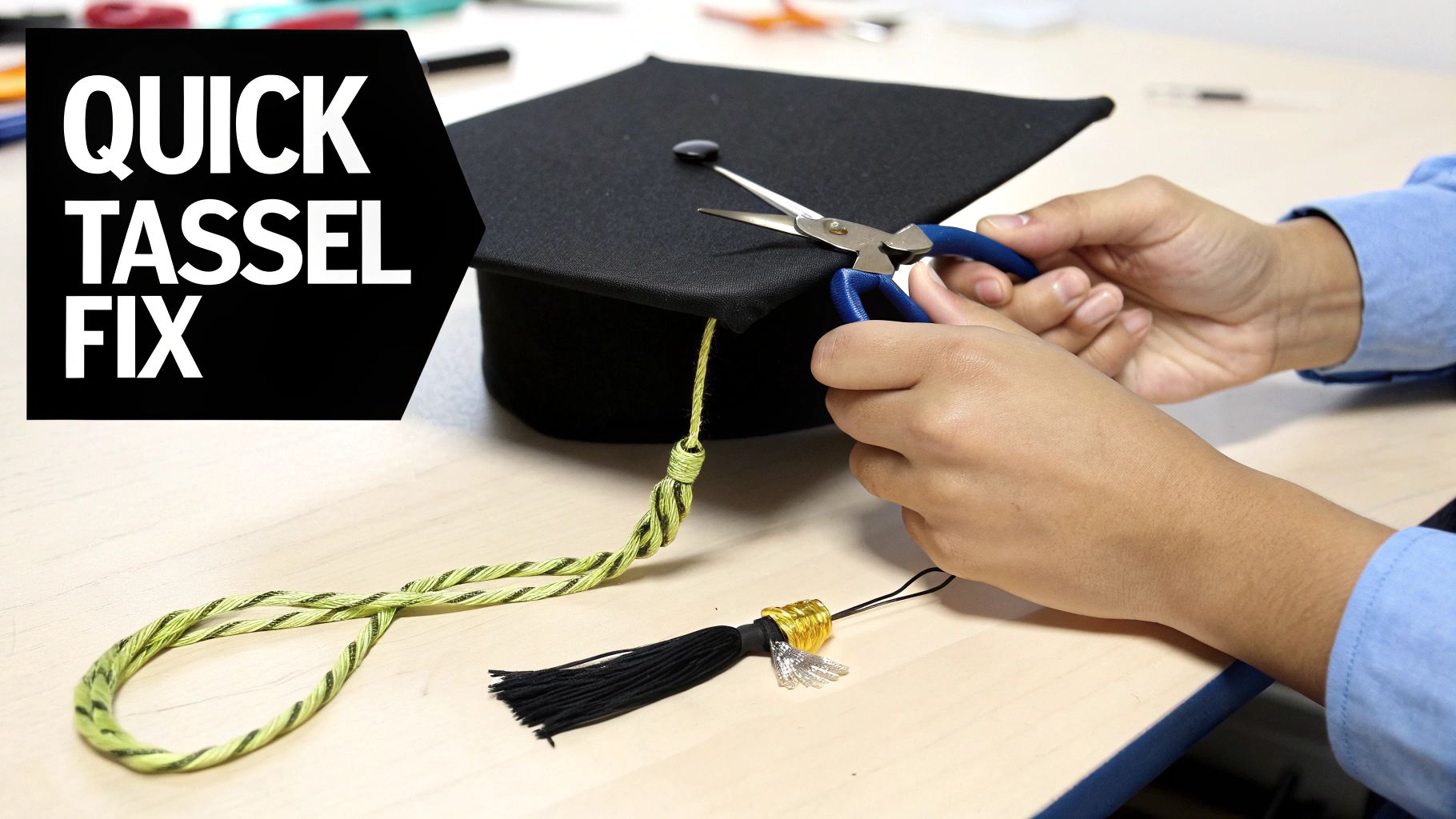 Hands are fixing a black graduation cap, replacing a green tassel with a new black one using pliers.