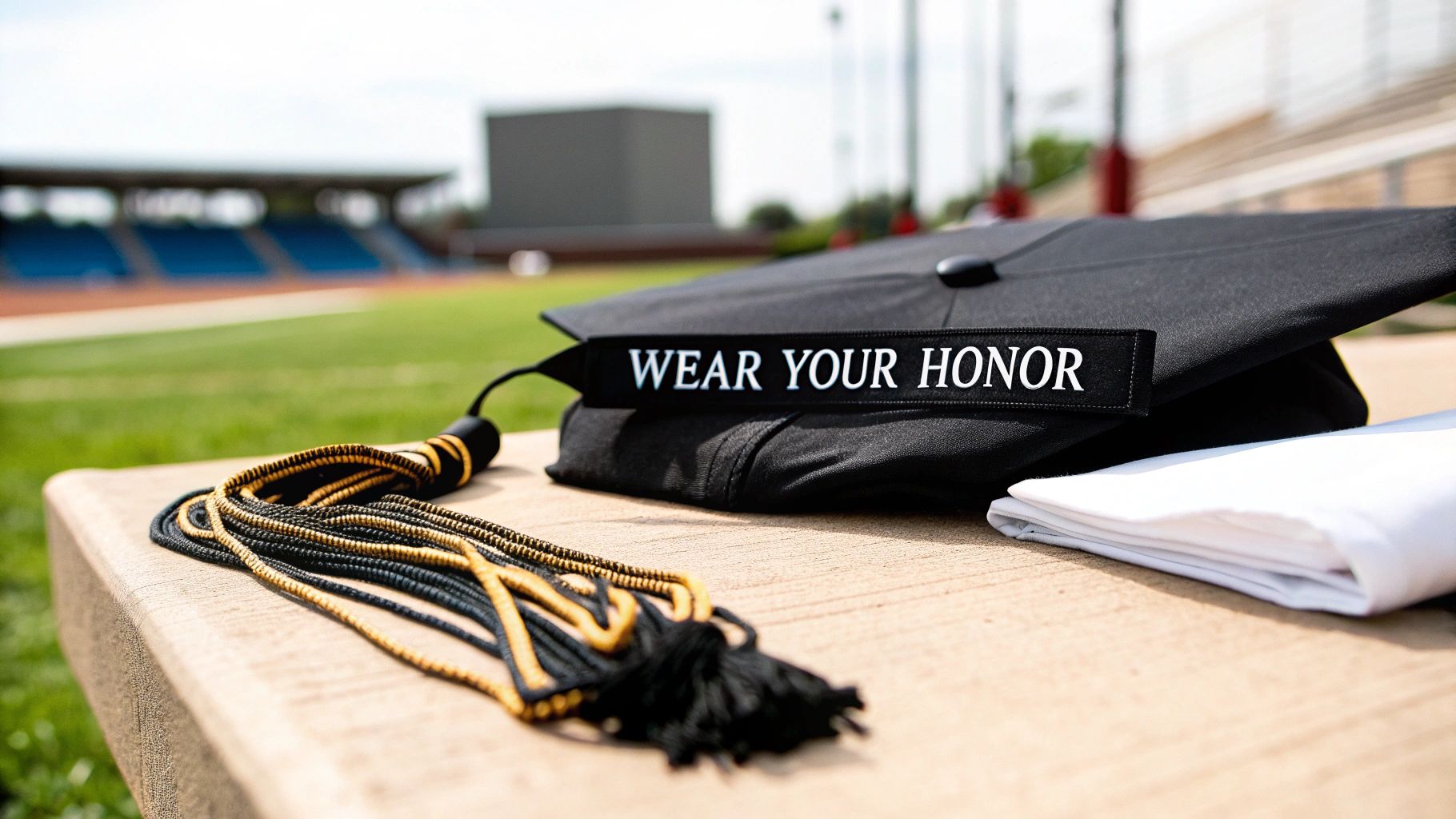 Black graduation cap with a "WEAR YOUR HONOR" stole and gold and black tassel, stadium background.