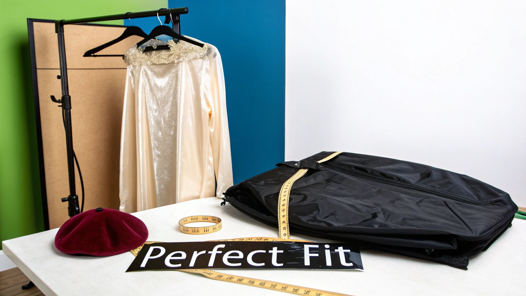 A shimmering dress on a clothing rack, a garment bag, a beret, and tailoring tools on a table.